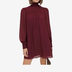 Reformation Valetta Smocked Mini Dress Burgundy Long Sleeve High Neck M